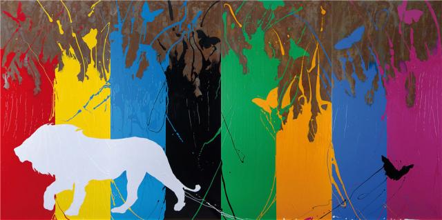 MADAME BUTTERFLY (SIC TRANSIT GLORIA MUNDI)<br /><br />320X165<br />vernice da carrozzeria su lamiera di ferro<br /><span>Anno:</span>2012<br />Polittico:4 pannelli uniti  80x165